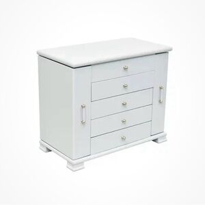 Pko Inc. White Modern Jewelry Box- 4 Drawers, 2 Side Doors w/ Hangers & Lift Top